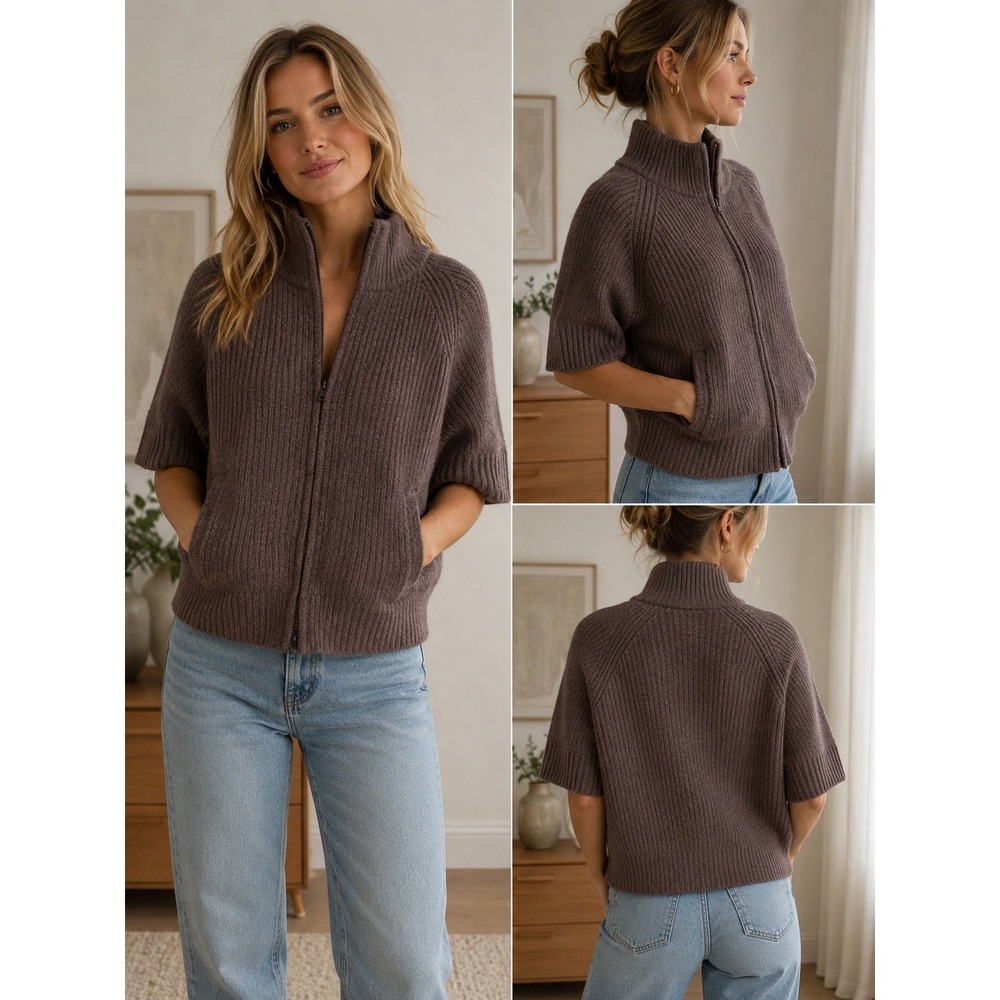 Ply Cashmere Wool‎ Blend Ribbed Full Zip Short Sleeve Cardigan Sweater Brown L